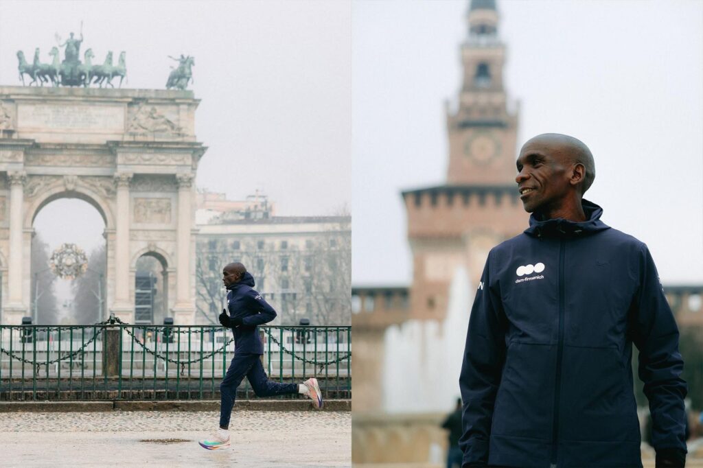 Kipchoge a Milano, davanti all'Arco della Pace e al castello Sforzesco (foto FB Kipchoge)