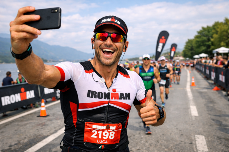 Stop a selfie e video in gara: il circuito Ironman fa scuola Un atleta Ironman mentre si fa un selfie in gara (AI)