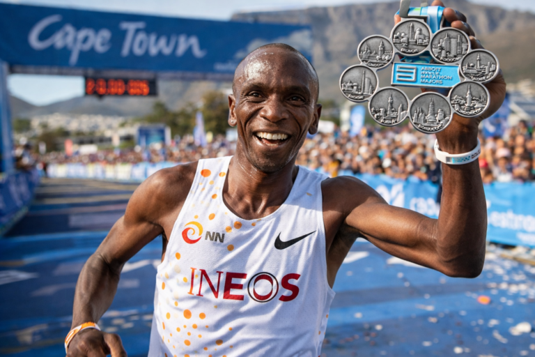 Elioud Kipchoge festeggia la conquista dell'ottava Majors (foto AI)