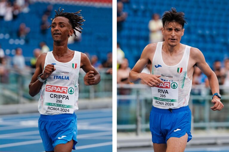 Yeman Crippa e Pietro Riva al traguardo della mezza maratona di Roma 2024 (foto Grana/Fidal)
