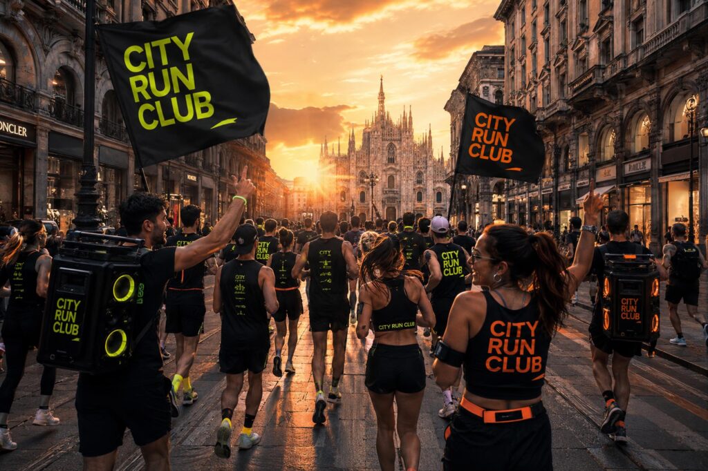 Una running crew di corsa nel centro di Milano (immagine AI)