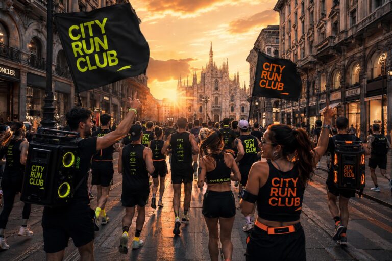 Dalla pista all’aperitivo: come i run club e le running crew stanno cambiando il mondo della corsa Una running crew di corsa nel centro di Milano (immagine AI)