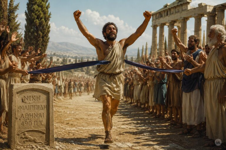 La Filippide, la maratona senza tempo: la corsa che unisce sfida, storia, mito e Sicilia Filippide taglia il traguardo della maratona (immagine AI TRC)