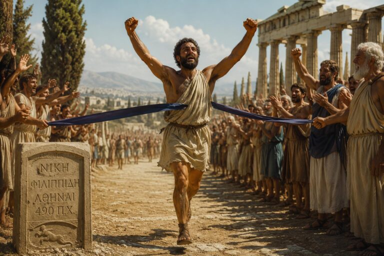 La Filippide, la maratona senza tempo: la corsa che unisce sfida, storia, mito e Sicilia Filippide taglia il traguardo della maratona (immagine AI TRC)